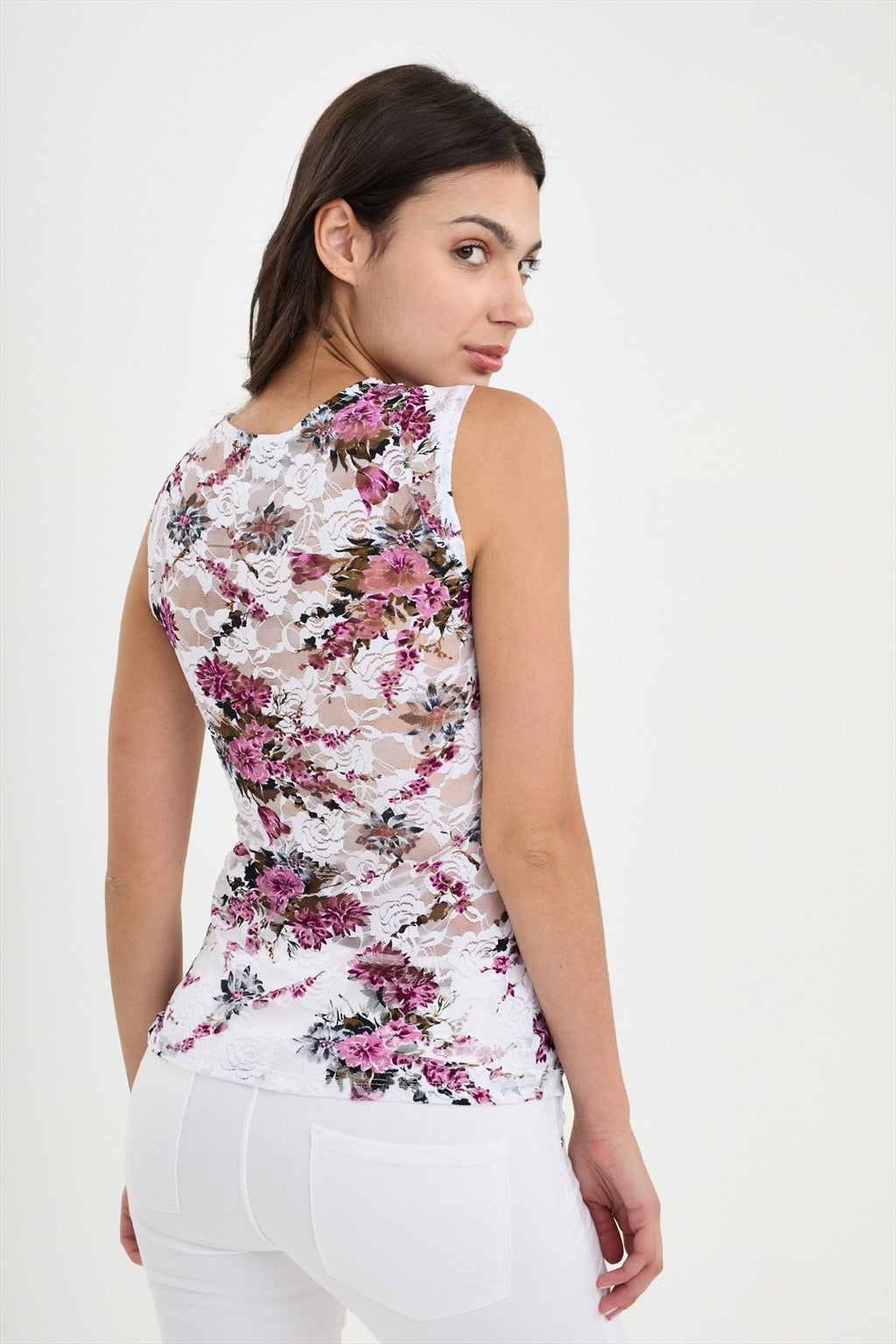 Top floral sans manches en dentelle