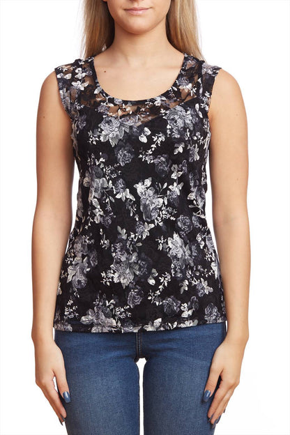 Top floral sans manches en dentelle