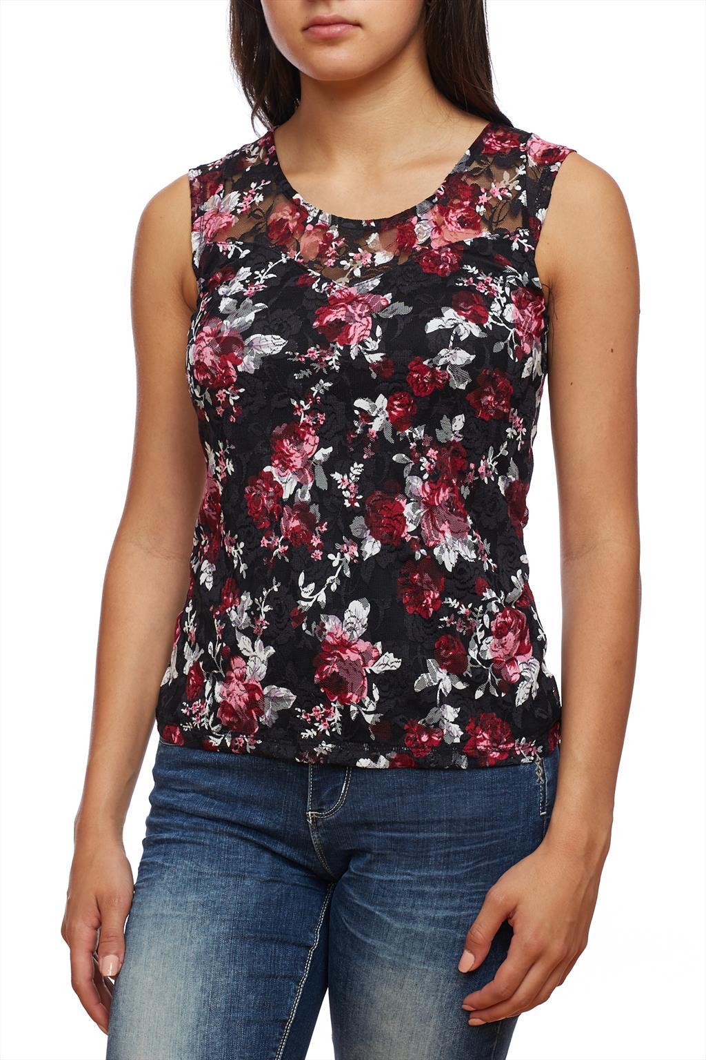 Top floral sans manches en dentelle