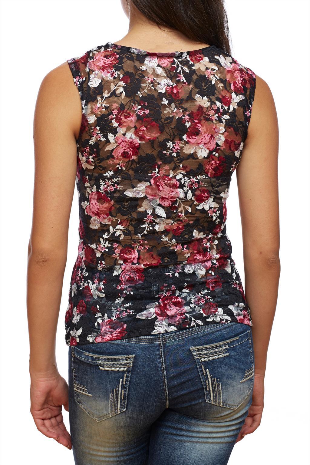 Top floral sans manches en dentelle