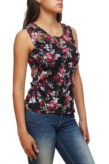 Top floral sans manches en dentelle