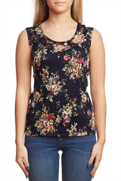 Top floral sans manches en dentelle