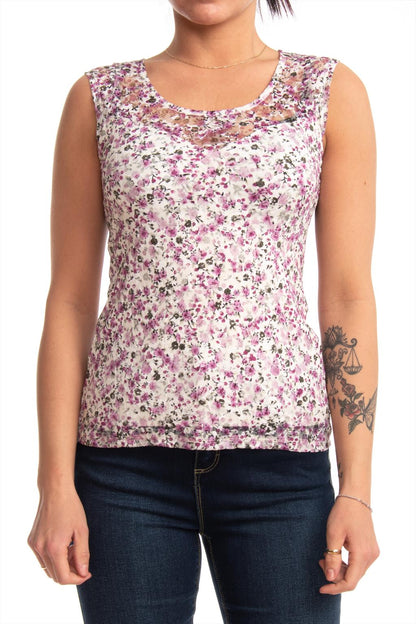 Top floral sans manches en dentelle