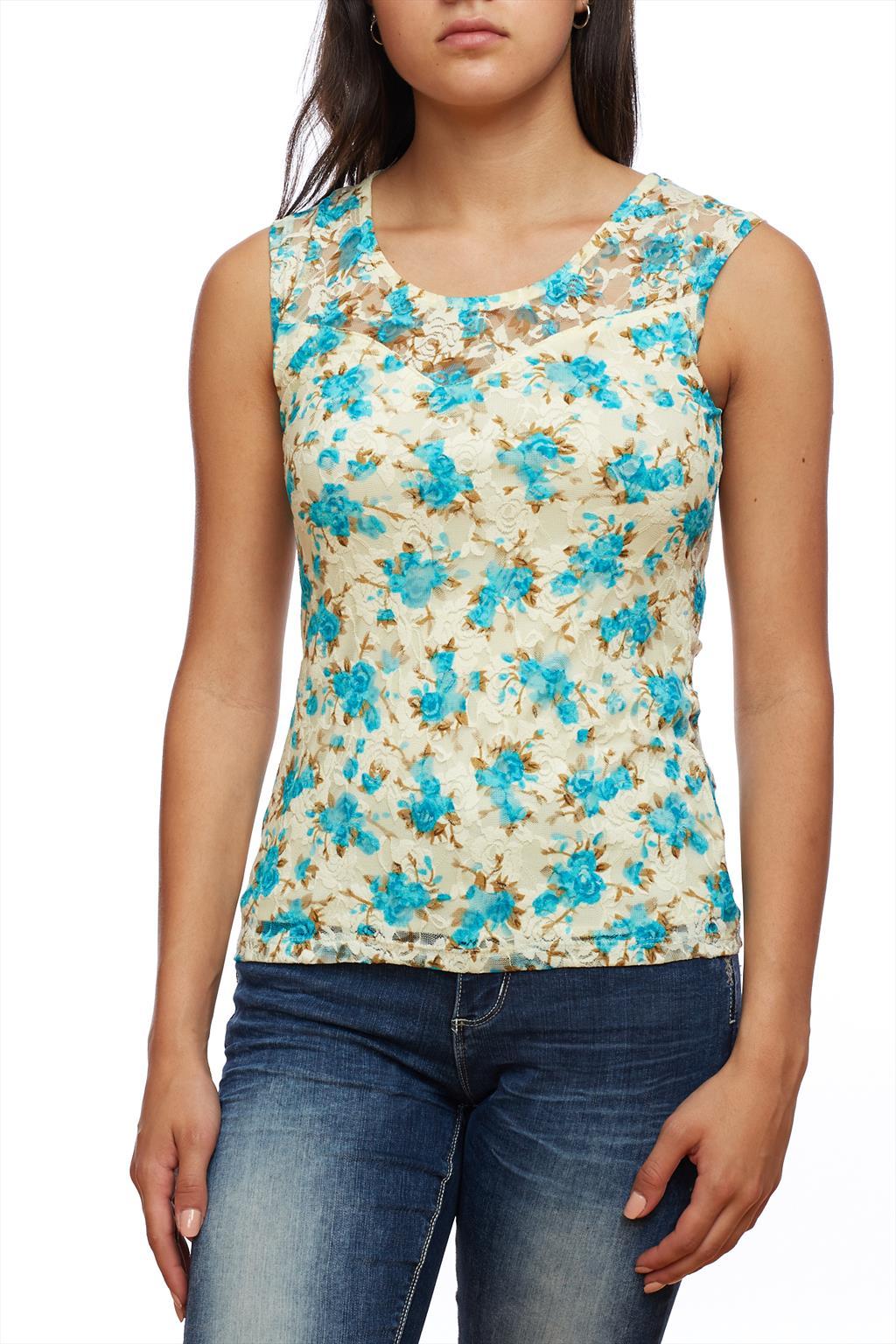 Top floral sans manches en dentelle