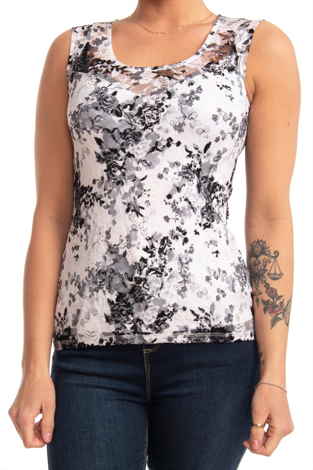 Top floral sans manches en dentelle